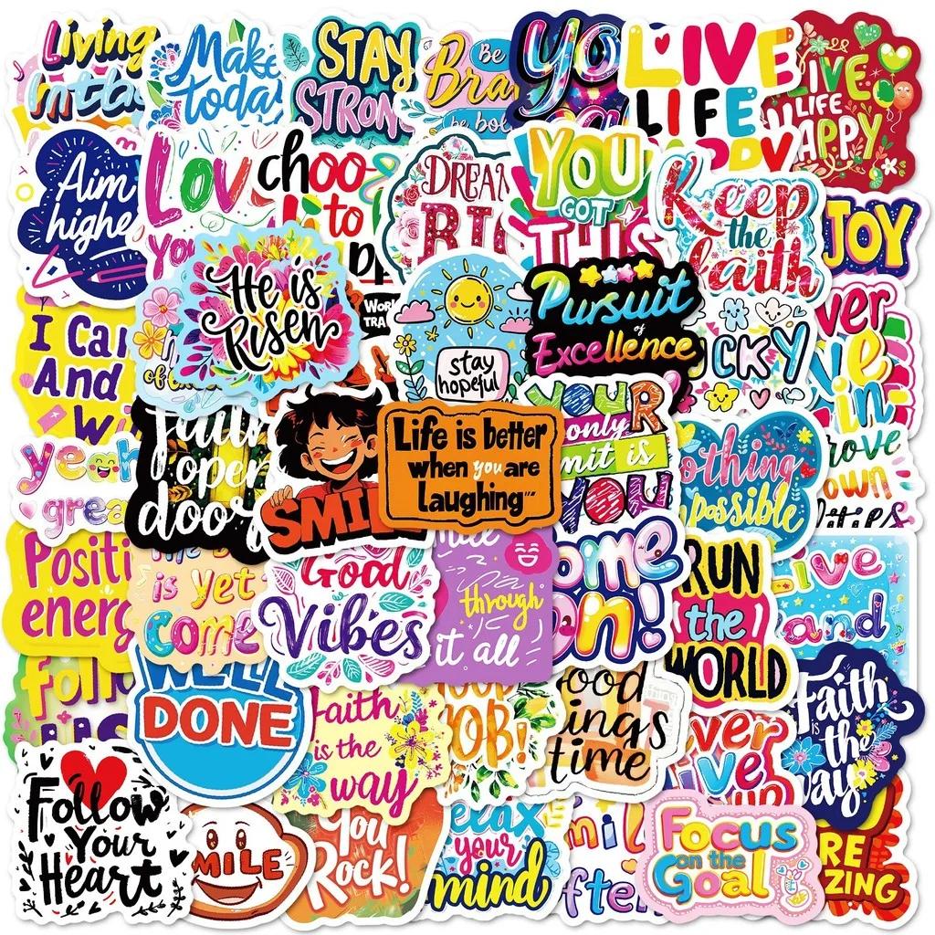 50Pcs Positive Uplifting English Phrase Stickers, PP Material Waterproof Decorative Decals for DIY Journal Papery Pop Store