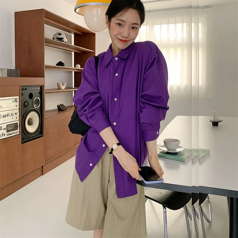 

Ele Purple Layered Cotton irt Loose Casual Women's Collar Long Sve Mid-Length Base Layer Top Outerwear