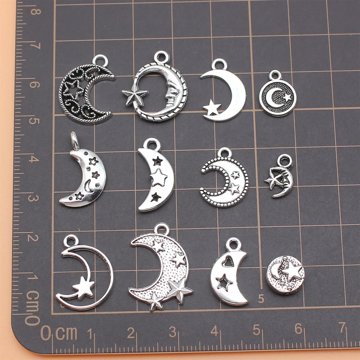 12pcs Antique Silver Color Moon Stars Charms Collection For DIY Jewelry Making, 12 Styles, 1 of Each