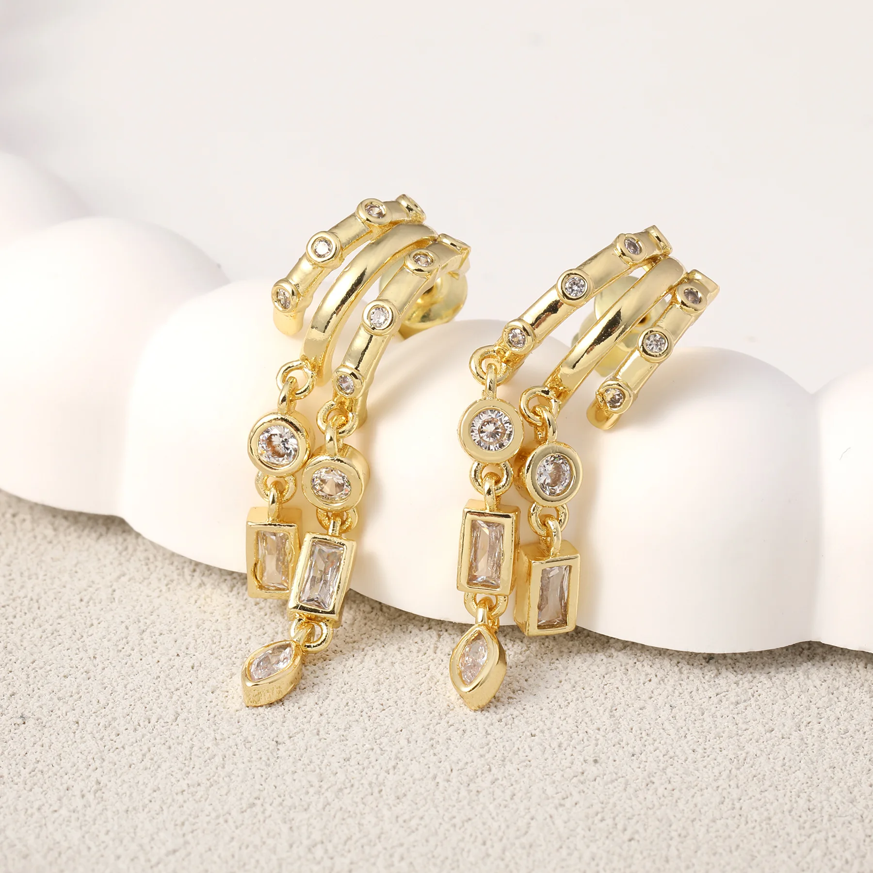 Personalized irregular tassel set with zircon earrings for wome,copper plated 18k real gold earrings,925 silver ear needles,gift