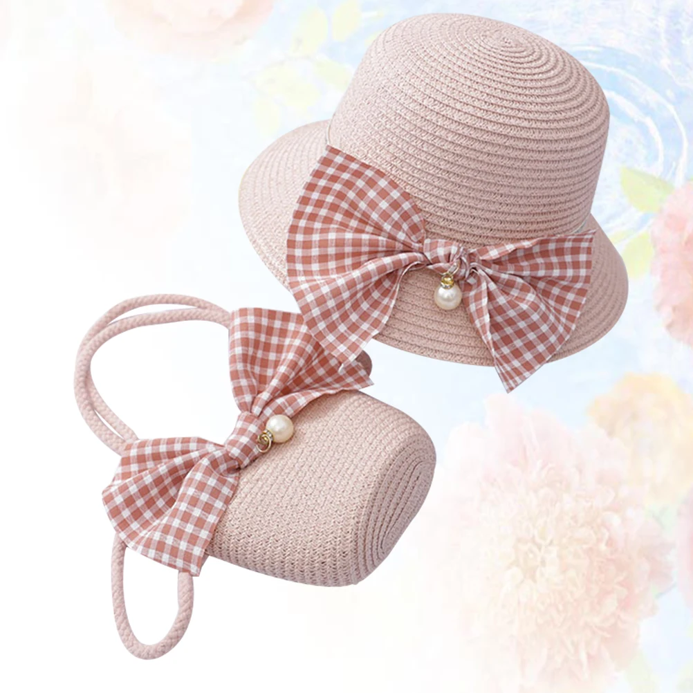 

1 Set Beautiful Beach Straw Hat with Attractive Small Bag Portable Children Beach Hat Stylish Design (Pink)