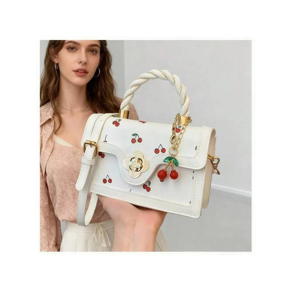 

Women's White Cherry Print Crossbody Bag - Cute Twisted Handle with Cherry Charm, Fashion Casual Daily Handbag