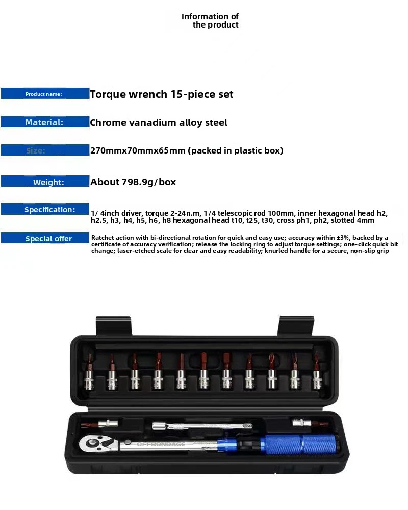   OFFBONDAGE Fahrrad-Drehmomentschlüssel-Set, 15-teilig, 1/4 Zoll, 2–24 Nm, Dual-Richtungs-Fahrrad-Inbusschlüssel, Werkzeug, Steckschlüssel, Pro-Motorrad-Reparatursatz – Detail 5
