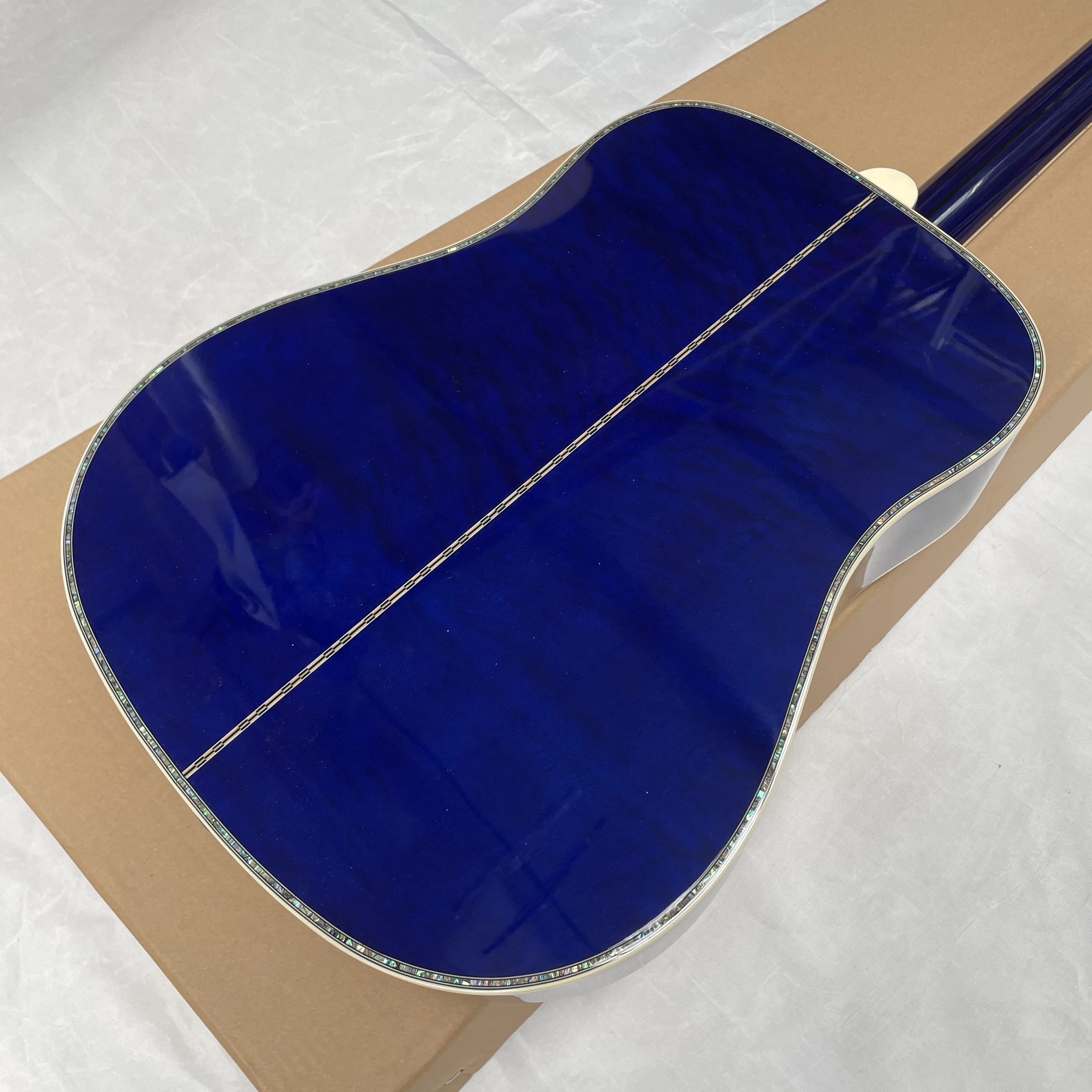 Picture 6: High-appearance-level 6-string folk guitar, sky blue full shell binding spruce top guitars, bird inlay beginner guitarra