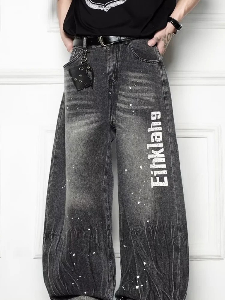 2025 사이버 Y2K 스트릿웨어 잉크 레터 프린트 배기 뉴 진 팬츠 남성 의류 하라주쿠 와이드 레그 빈티지 그레이 롱 트라우저