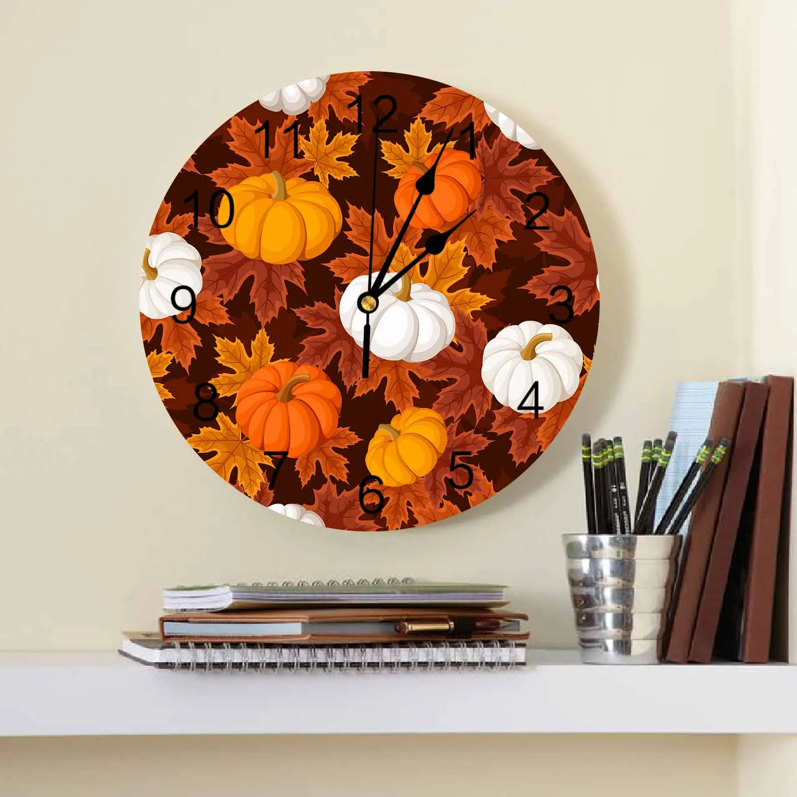 Autumn Yellow Orange White Pumpkin Wall Clock Large Modern Kitchen Dinning Round Wall Clocks Bedroom Silent Hanging Watch