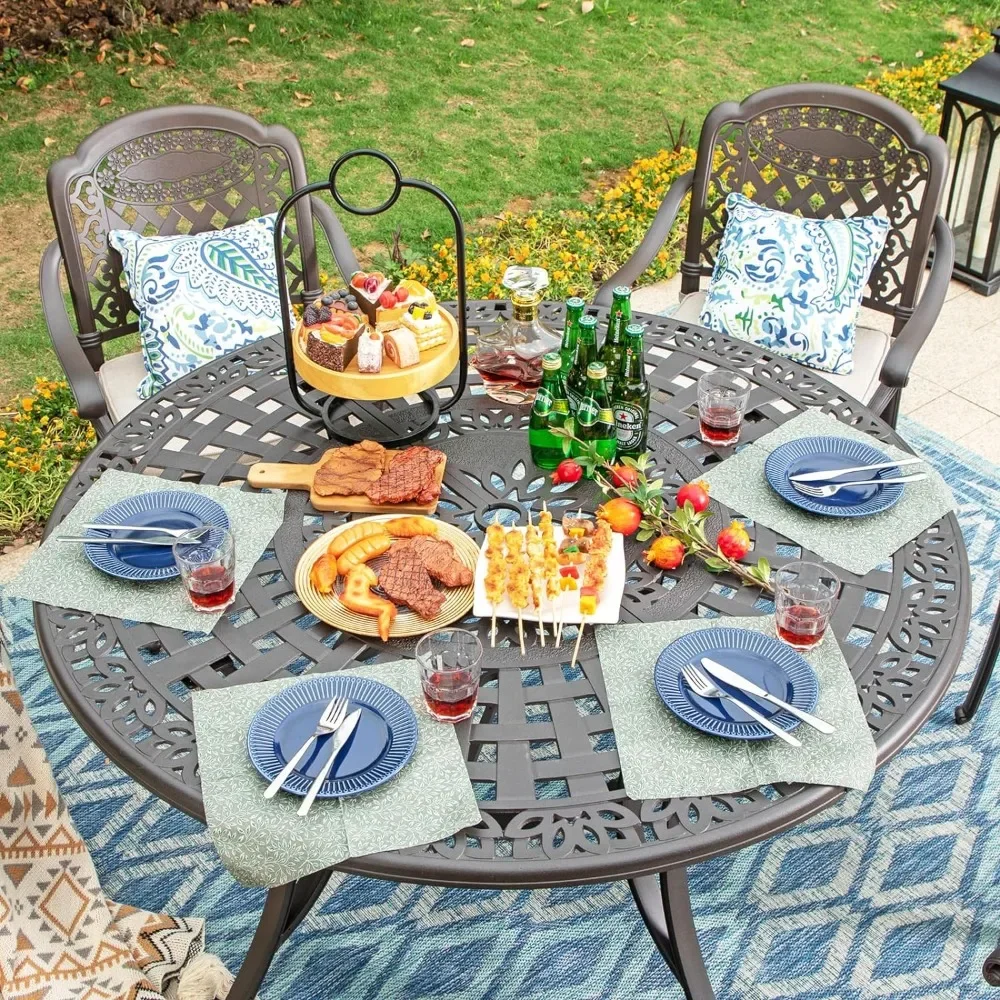 Outdoor Tables  6-Person Round Cast Aluminium, Patio Bistro Table with  Umbrella Hole for Porch Backyard, Bronze Outdoor Table