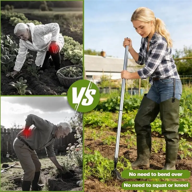 A25F-Stand Up Weeder Puller Tool Set With Dual Head Adjustable Metal Long Handle For Garden Lawn Yard With Work Gloves