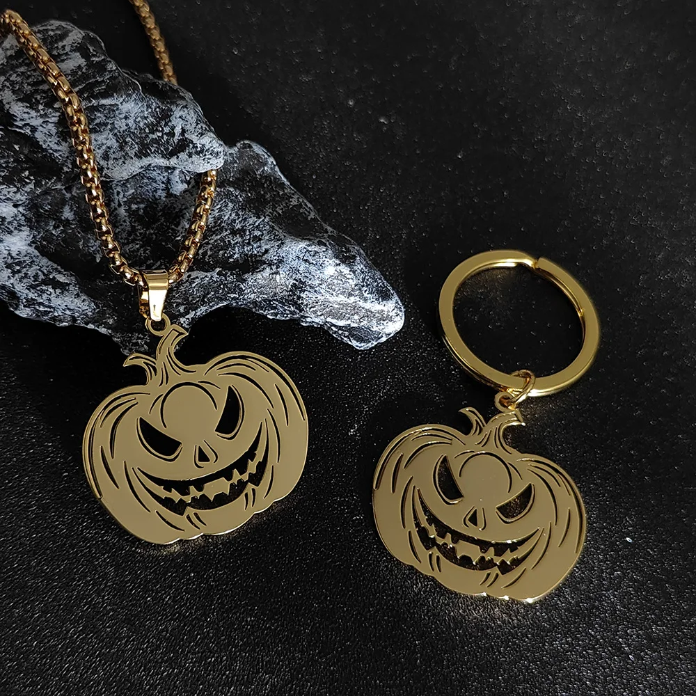 女性のためのパンクスタイルハロウィンジュエリーセット、カボチャランタンパターン、キーチェーン、ステンレス鋼、ペンダントアクセサリー、ネックレス、2個