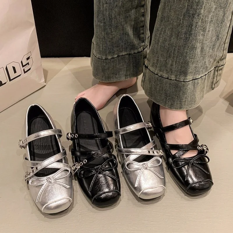 Women Vintage Square Toe Mary Jane Flats Cross Double Buckle Strap Bow Decor Soft Daily Walking Casual Dress Shoes Zapatos Mujer
