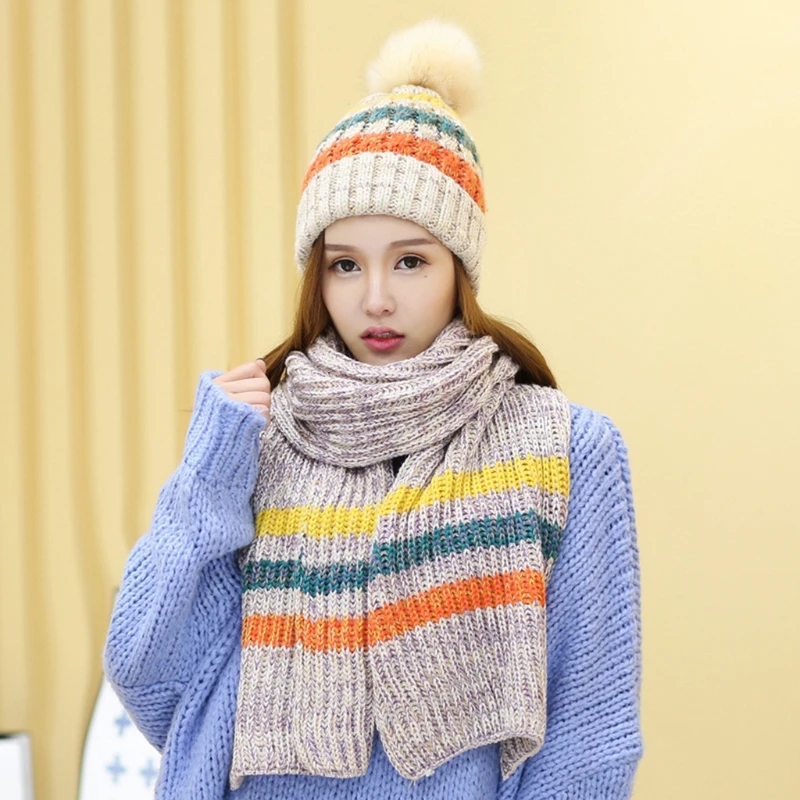 Women Winter Crochet Knitted 2 Pieces Beanie Hat Long Scarf Shawl Wrap Set Contrast Colored Striped Thick Plush Lined