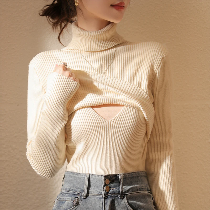 Turtleneck Maternity Nursing Sweater for Autumn & Winter - Warm Thickened & Skin-Friendly Knitted Breastfeeding Top for New Moms