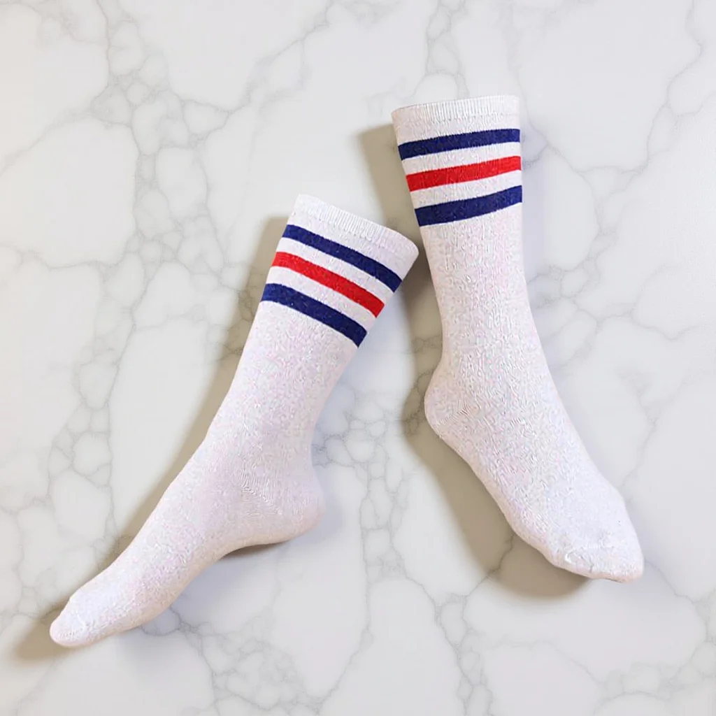 

Pair of Long Socks Knee High Stockings White Size S 3 Blue Red Bars Breathable Cotton for Sports Activities Cotton Socks