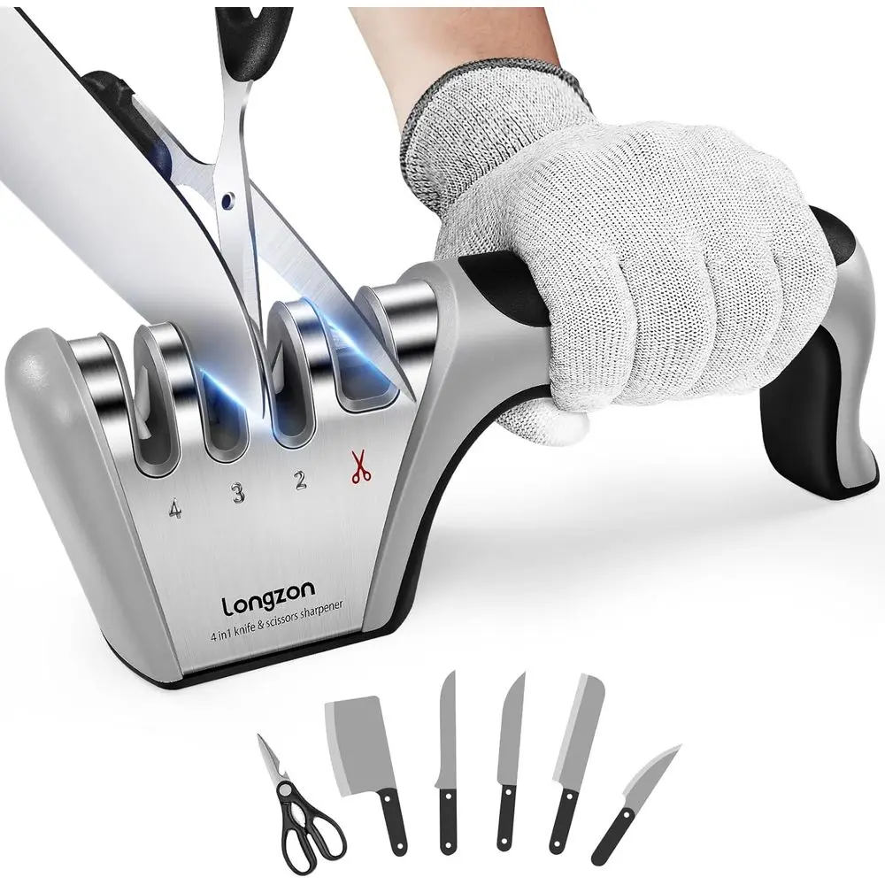 4 Stage Knife Sharpener with Cut-Resistant Glove, Quickly Enhances & Restores Dull Blades, Easy & Safe for Home Kitchen Use, Fit