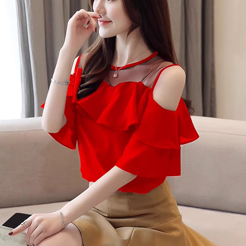 Summer Women Blouses 2024 White Women\'s Shirts Office Lady Clothes Short Sleeve Chiffon Blouse Woman Off Shoulder Tops 4206