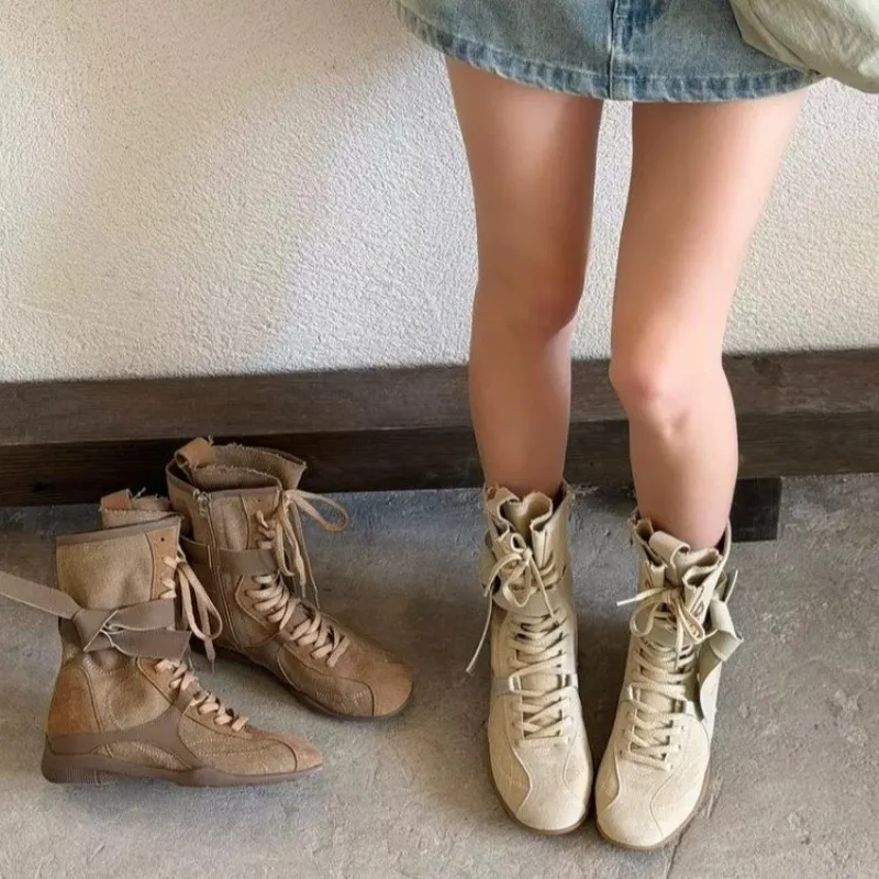 Autumn Winter Luxury Vintage Booster Ankle Boots for Women Frosted Leather Lace Up Design Trend Outdoor Zapatos De Mujer Shoes