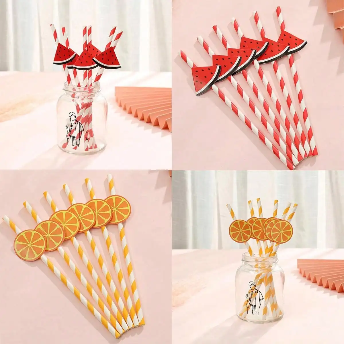 6pcs Creative Fruit Paper Straw Card  Orange Watermelon Beverage Supplies Birthday Wedding Party Decoration