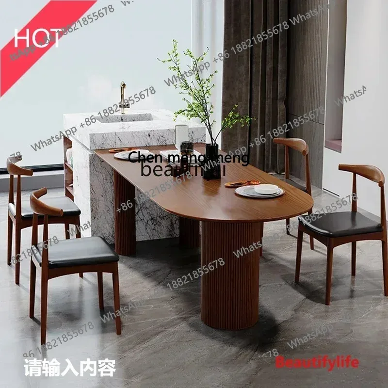 cn8617 LHY New Arrivals Kitchen Island Dining Table Integrated Household Log Semicircle Middle Island Light Luxury Oval Dining T