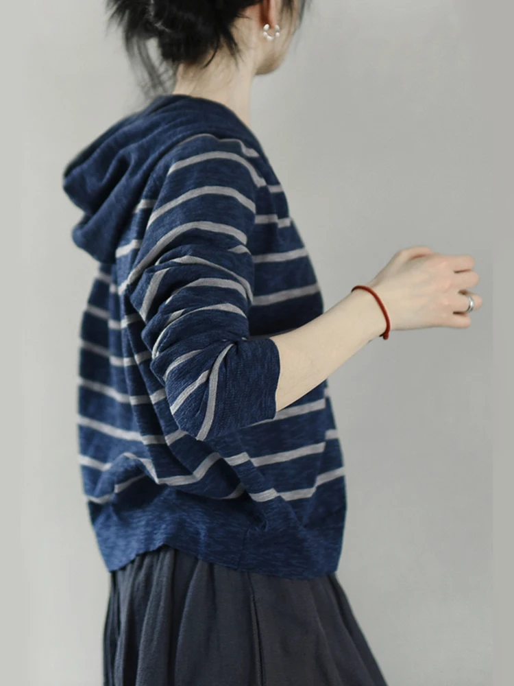 

119-123cm Bust / Spring Summer Women All-match Striped Loose Comfy Cozy Cotton Knitted Cardigans