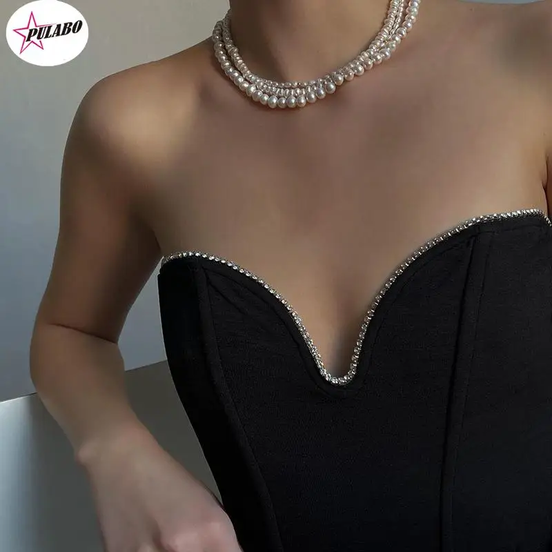 PULABO Y2K Sleeveless Vintage Bustier Corset Tops Women Night Club Sexy Backless Off Shoulder Diamonds Black Tube Crop Tops