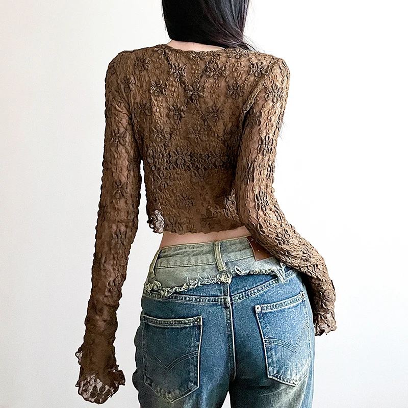 CIBBAR Retro See Through Lace-up Cardigan Shirt Grunge 2000s Ruched Patchwork Flared Long Sleeve Crop Tops Women Y2k Streetwear