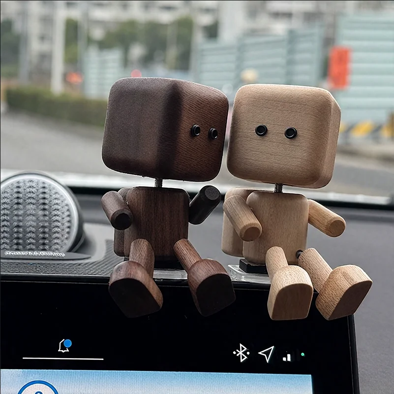 Shaking Wooden Man Figurine Handmade Car Dashboard Decorations Charming Little Wood Figure That Sways Shake Your Feet Happily