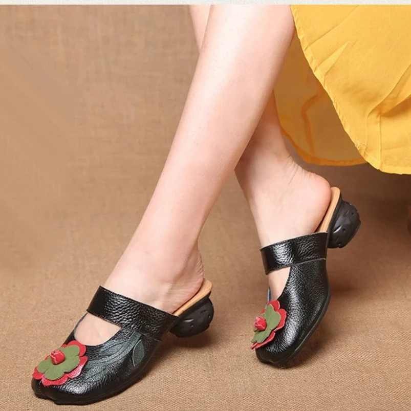 

2025 г., повседневная женская обувь из натуральной кожи с цветочным узором и большой головкой, регулируемая повседневная женская обувь, новые весенние женские тапочки