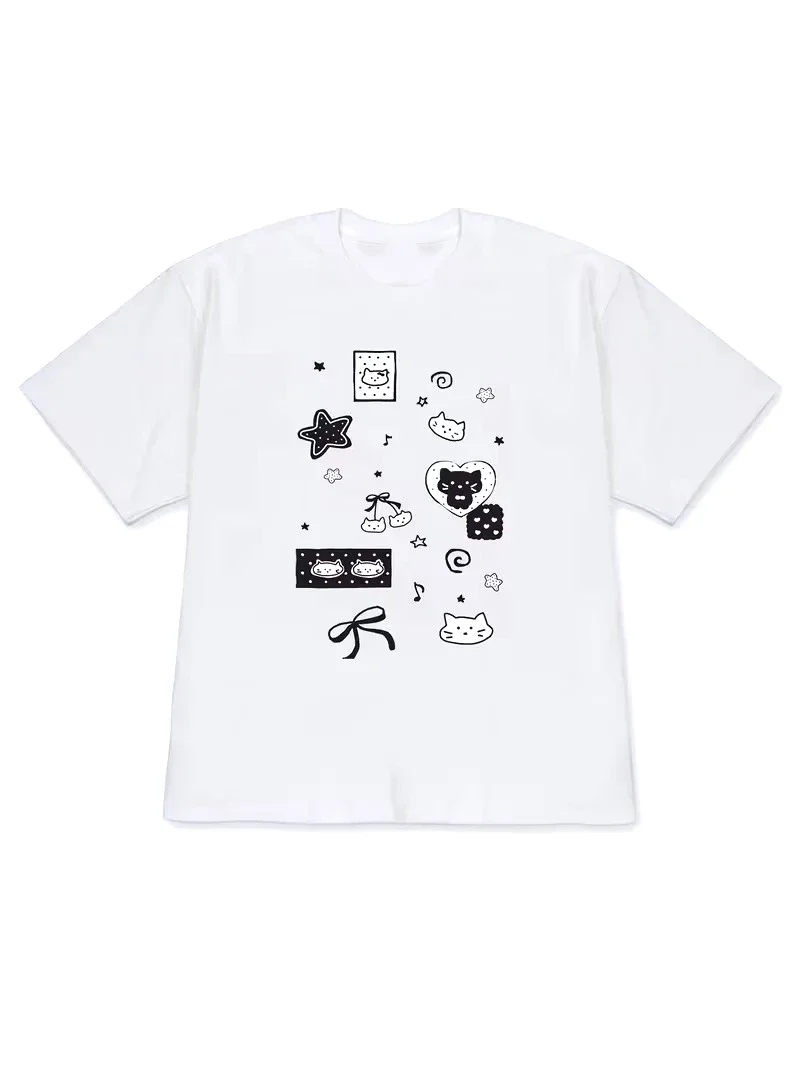 Dot Bow Cat T-shirt Korean Hand Drawn Printed Short Sleeved Shirt Women Round Neck Daily Cute Daily Summer Comfortable Y2k Tops