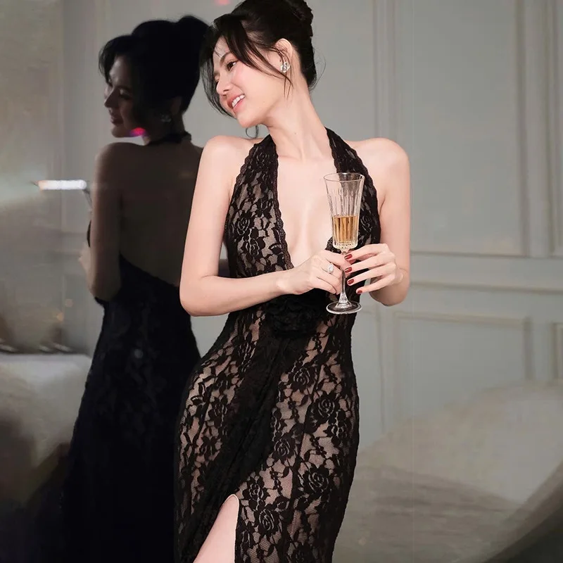 여성용 섹시한 슬릿 원피스, 레이스 쉬어 맥시 원피스 할로우 아웃 민소매 슬림핏 원피스 하이 슬릿 클럽 파티 원피스