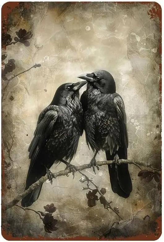 Two Crows Snuggling Together Retro Metal Tin Sign Wall Decor Funny Metal Tin Sign Poster for Bar Cafe Dining Room Billiard House