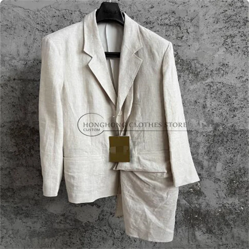 Original design of a four-season linen material jacket. Unusual front collar, double-shoulder blazer for men.