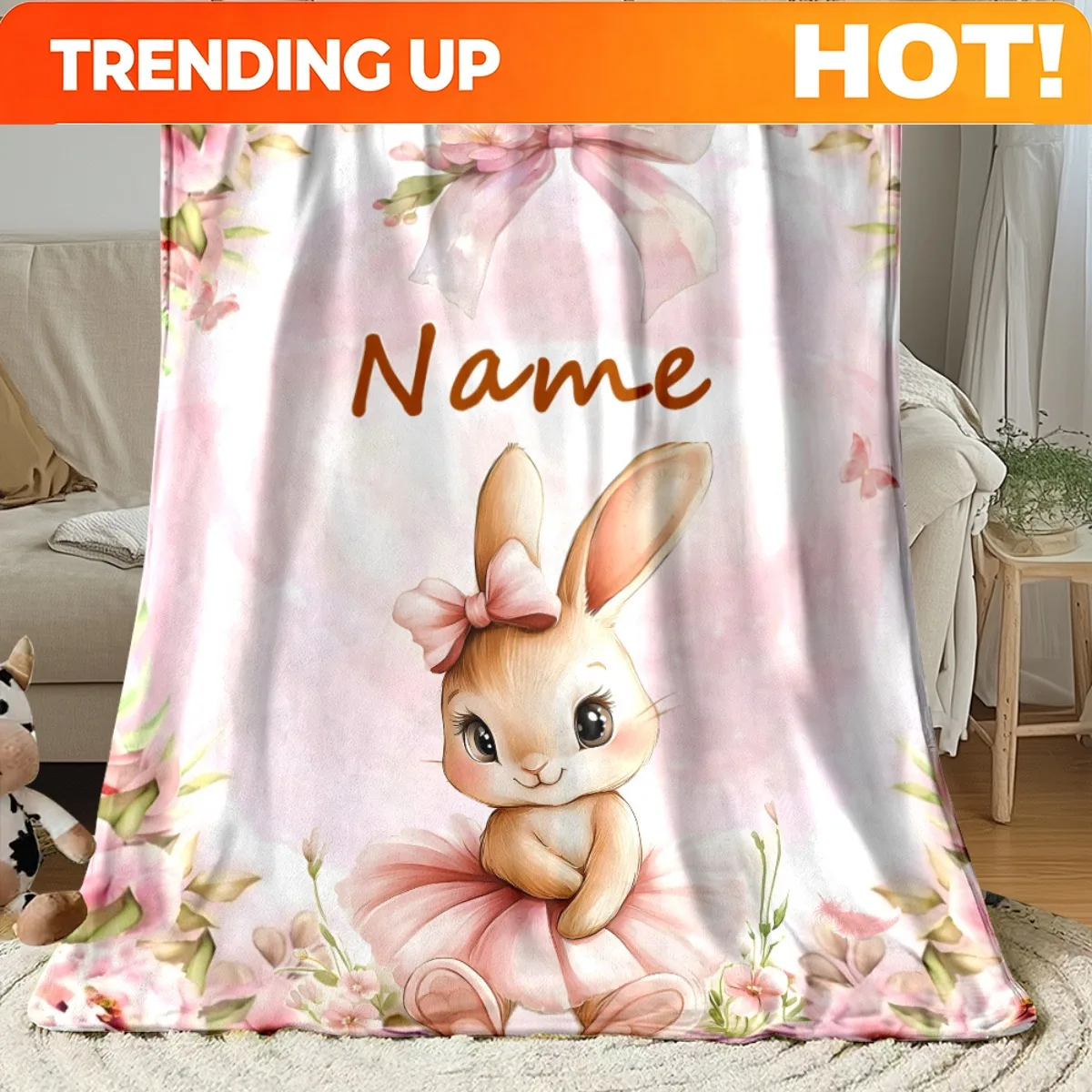 Customize 1pc Custom Name Printed Flower Rabbit Portable Blanket | Lightweight Blanket for Sofa, Travel, Camping, Bed, Living Ro