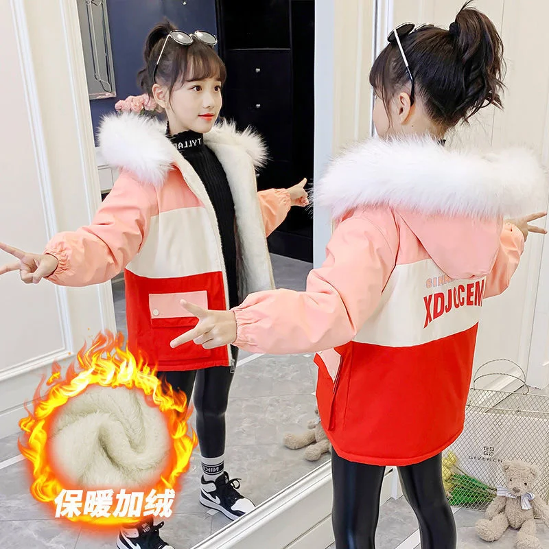 

2023 Girls Plus Velvet Parkas New Kids Winter Coat Patchwork Hooded Fur Collar Big Pockets Warm Padded Jackets 3-12T Clothes