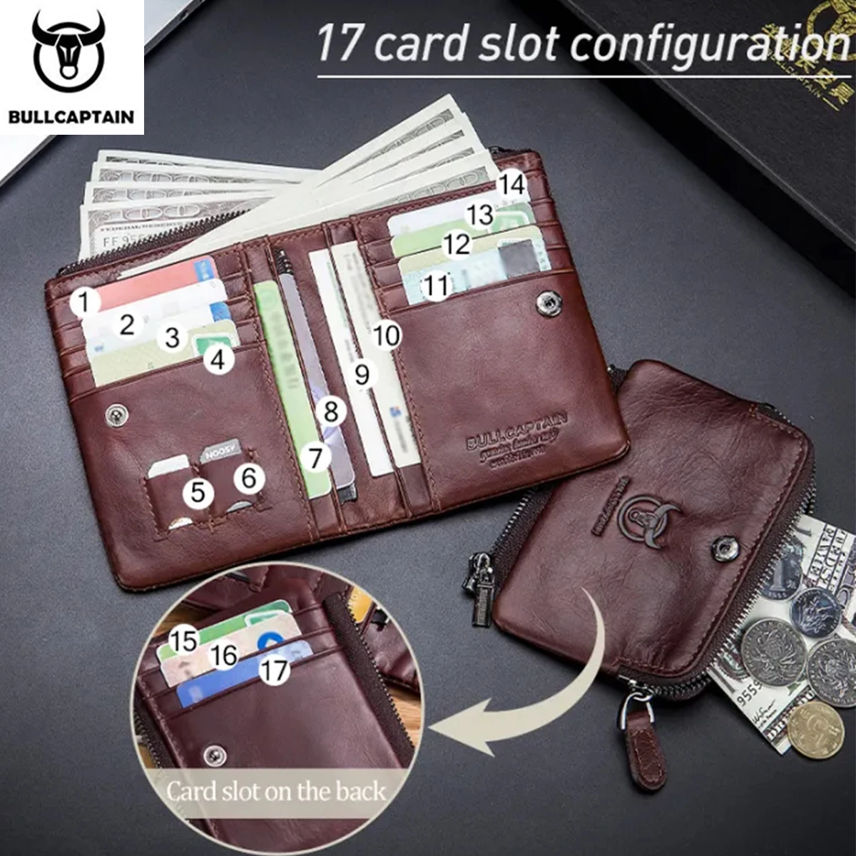 BULLCAPTAIN Genuine Leather Men's Wallet Zip Retro Coin Purse RFID Holder Card Men's