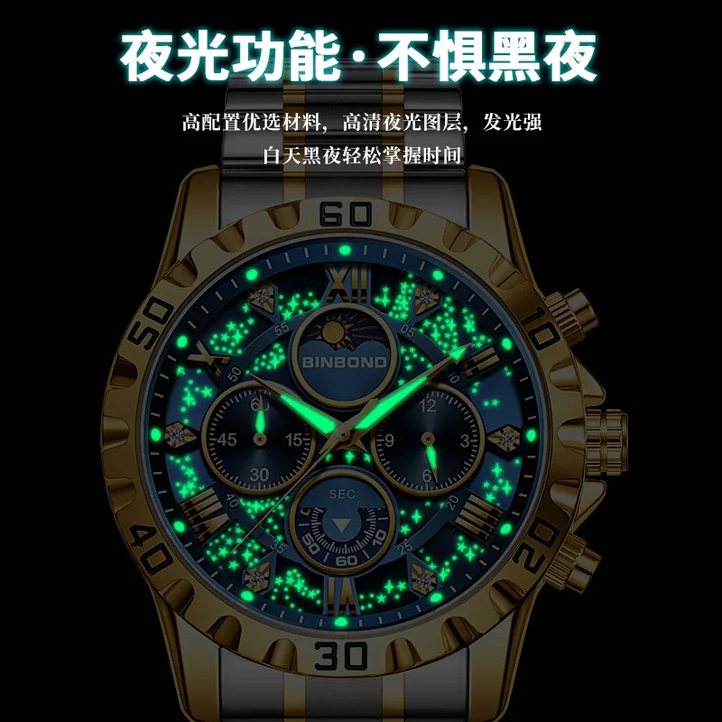 كرونوغراف العلامة التجارية الفاخرة أنيق الرجال ساعات المعصم مضيئة للذكور على مدار الساعة سوار فولاذي غير قابل للصدأ رجال الأعمال ساعات كوارتز #5