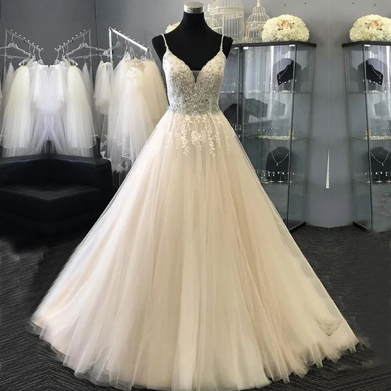 

ZJ9233 Spaghetti Straps V-Neck Tulle Wedding Dresses Vestido De Noiva Appliques Floor-length Bridal Gown Bride Dresses