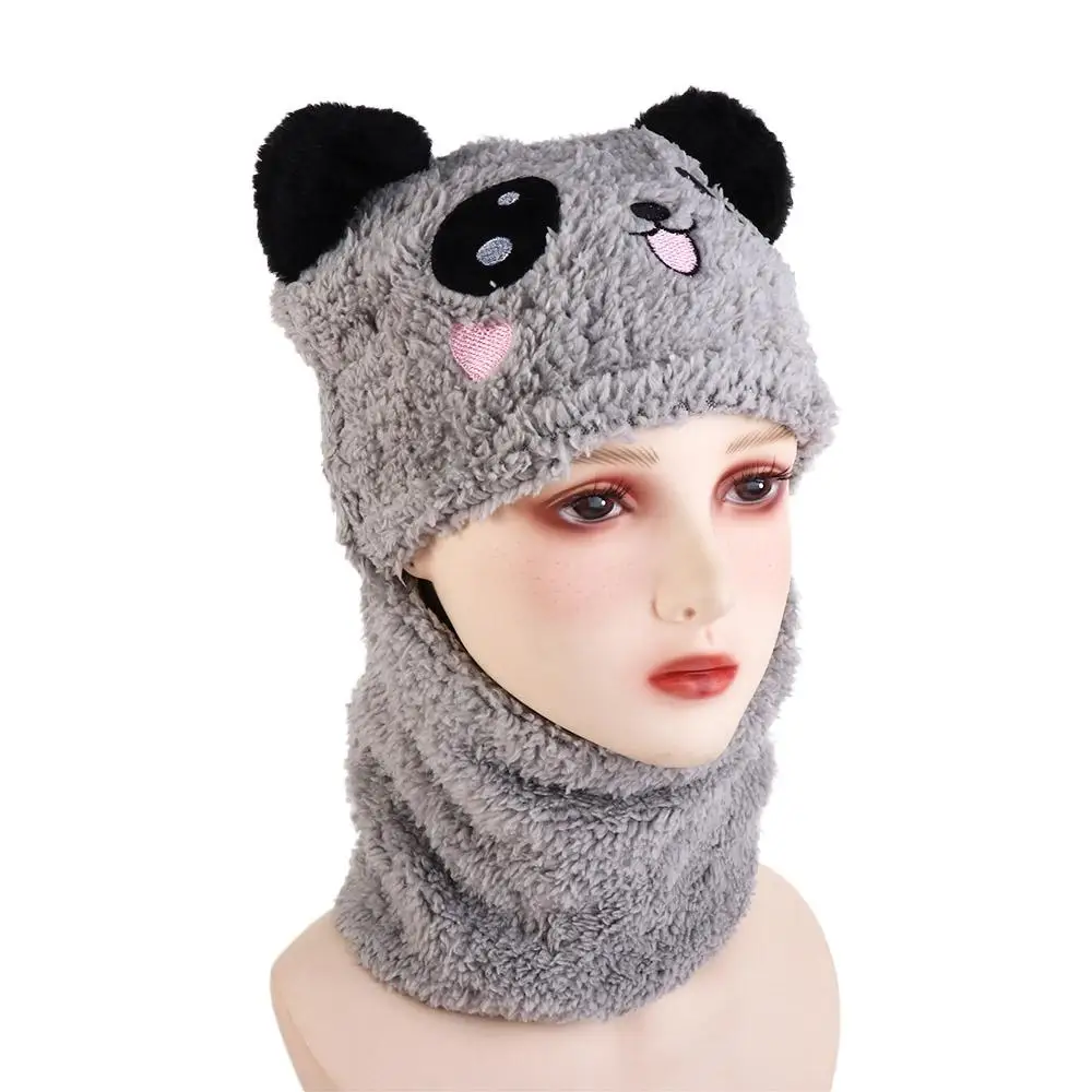 Full Face Cover Cashmere Inside With Scarf Headwear Neck Warmer Cartoon Panda Hats Kids Caps Winter Fleece Hats Kids Bonnet