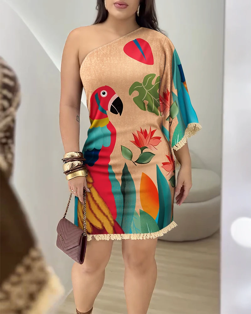 

Niche Slanted Neck Flared Sleeve Wrapped Hip Dress Tropical Animal Print Single Shoulder Tassel A-Line Dress for Summer Fashion