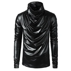 Mens Pu Leather Sweatshirt Pu Tops Streetwear Nightclub Youth Trend Campus Performance Male Long-Sleeve Tops Men'S Clothing