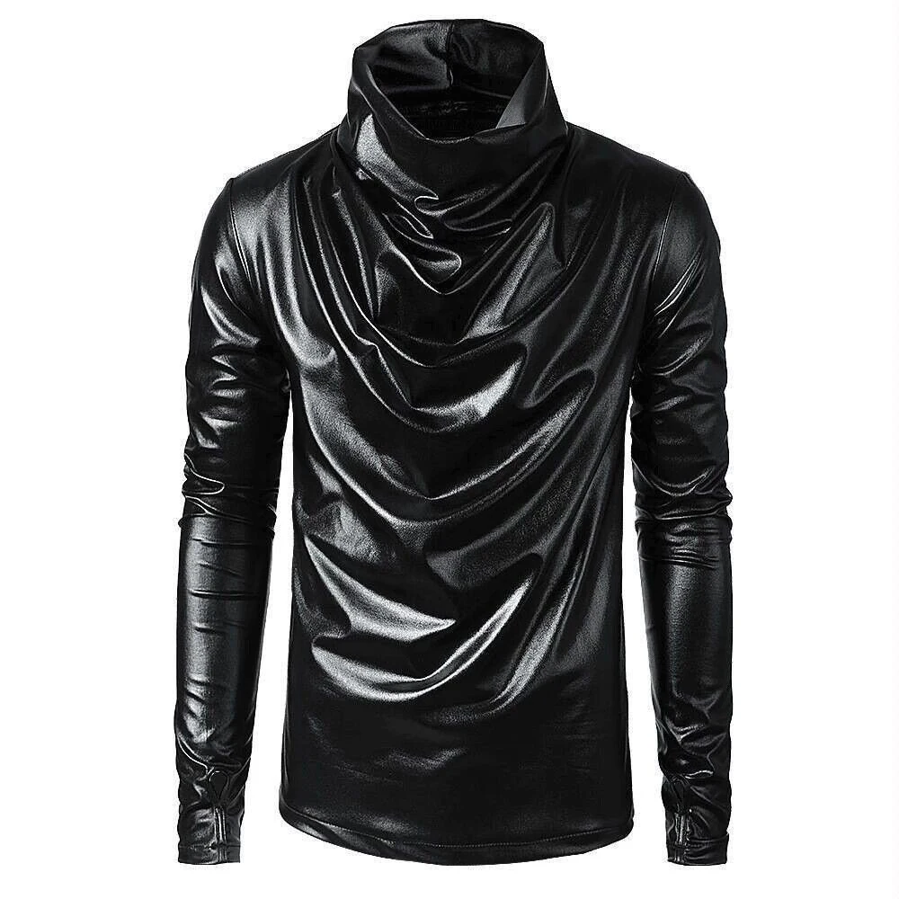 Mens Pu Leather Sweatshirt Pu Tops Streetwear Nightclub Youth Trend Campus Performance Male Long-Sleeve Tops Men'S Clothing 2024