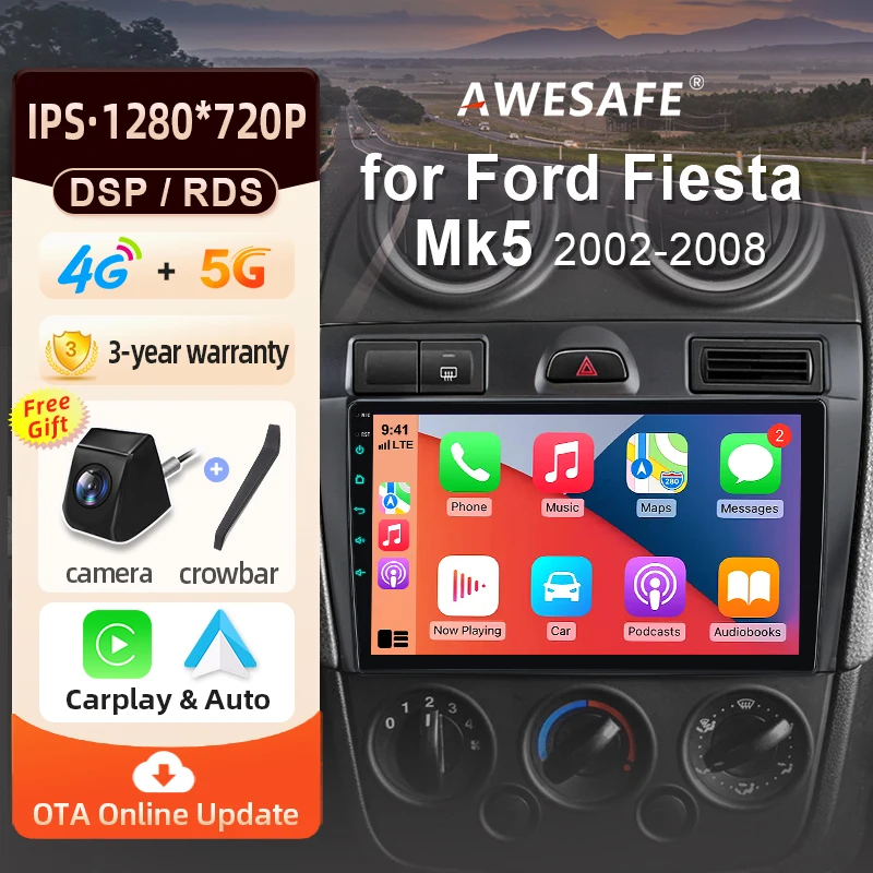 AWESAFE – autoradio sans fil CarPlay Android Auto, pour Ford Fiesta Mk VI 5 Mk5 2002 – 2008, systèmes intelligents, RDS, GPS, FM, BT, DSP, SWC