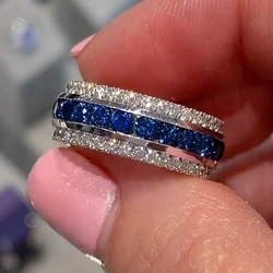 Huitan Fashion Blue White Cubic Zirconia Finger Ring Lady Engagement Accessories Modern Trendy Wedding Band Jewelry for Women