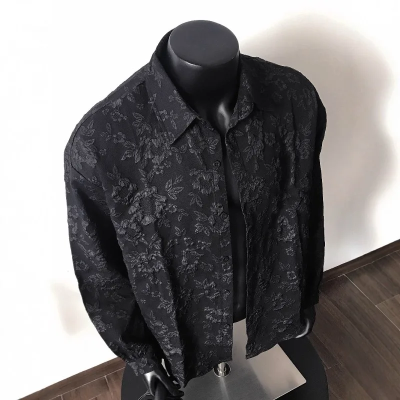 2026 New Autumn Men Japanese Retro Embossed Shirt Unique Edgy Design Loose Long Sleeve Shirt Stylish Casual Daily Wear Top Guys