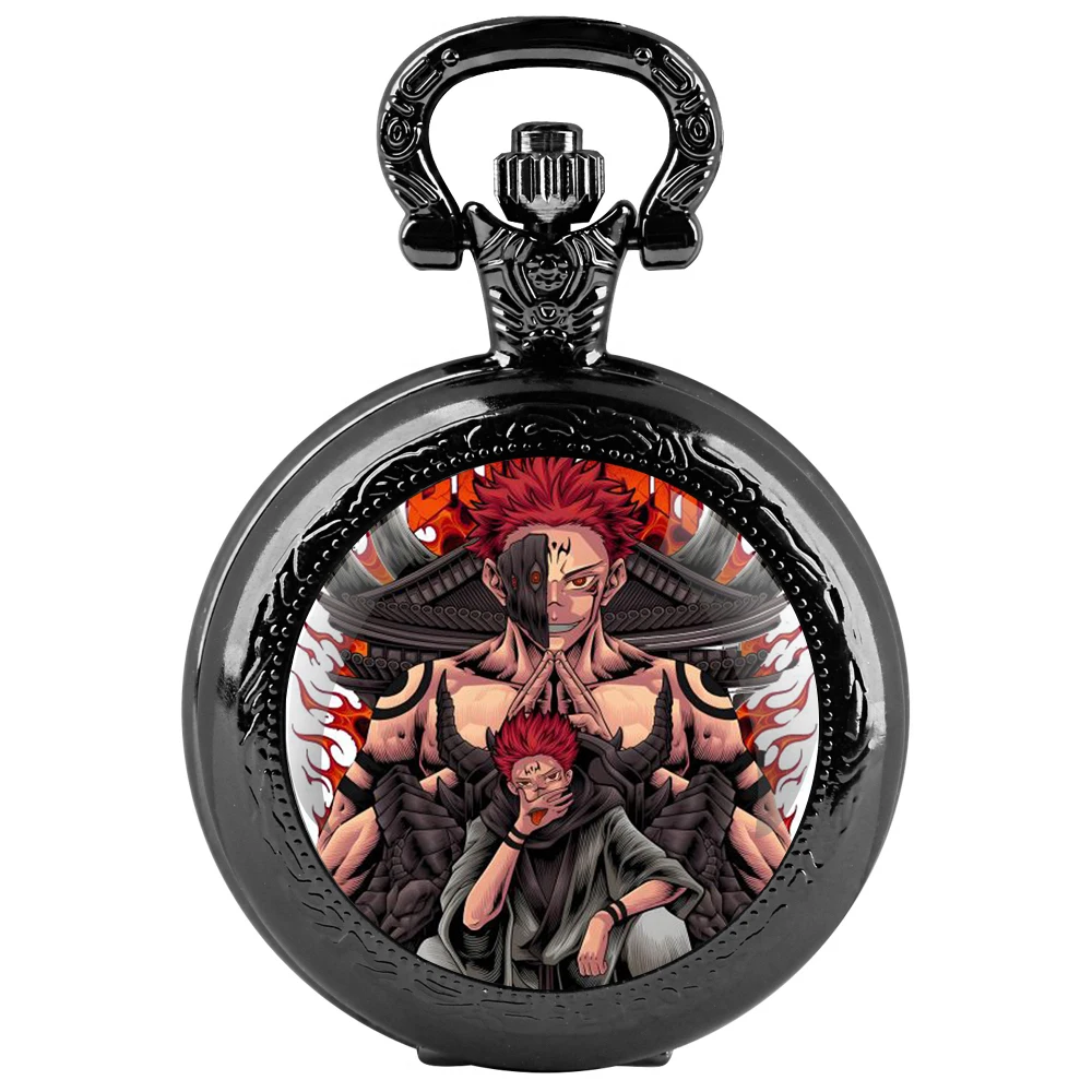 Ryomen Sukuna Glass Dome Black Quartz Pocket Watch with Arabic Numerals Dial and Durable Chain Gift for Men Women