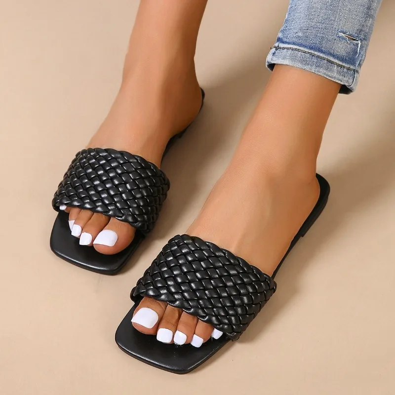 2024 Brand Women's Shoes Outdoor Women's Slippers Hot Sale Daily Slippers Women Braid Square Toe Low Heel Plus Size Shoes Female