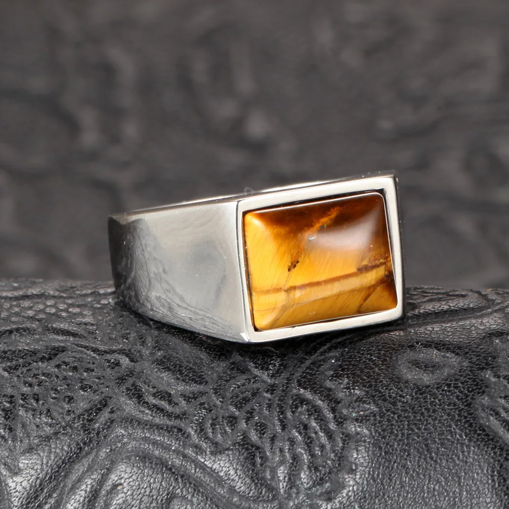 Vintage Natural Tiger Eye Surgical Steel Rings for Men Men Brown Square Stone Silver Gold Color Anniversary Party Jewelry Gift