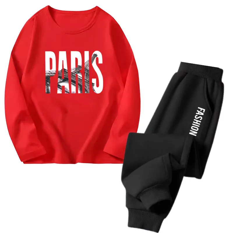 Boys Street Fashion Paris Letter Print Clothes Set Kids Long Sleeve Top+Pants Autumn Handsome Sports Outfits 3-14 Years