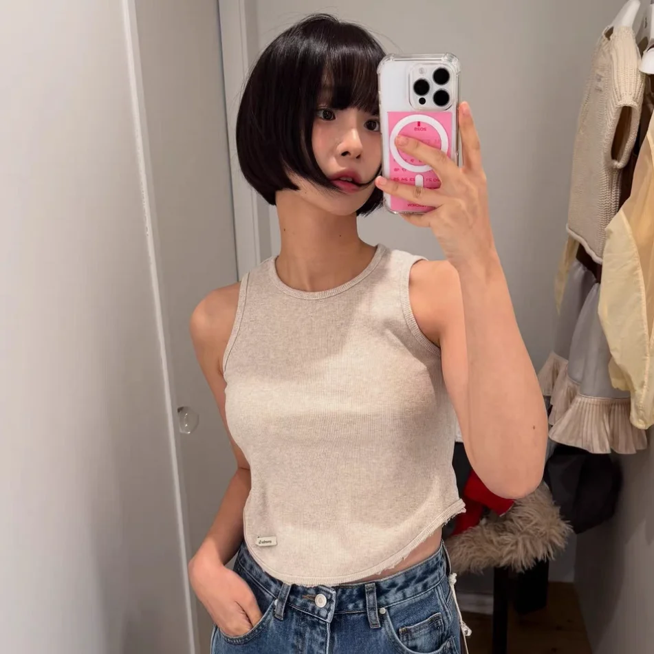 Primavera 2025 coreano Sle redondo Ne encaje Trim Svel chaleco Color puro elegante ort longitud Casual japonés Sle chaleco de mujer