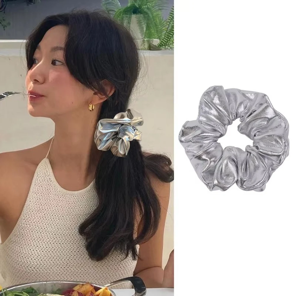 Y2k Scrunchies Metall Silber Farbe Mittelgroße Haargummi Süßes einfaches elastisches Haarband Damen Haarschmuck Tägliche Kopfbedeckung