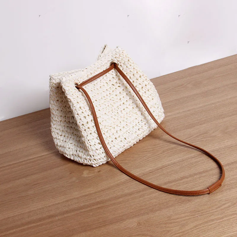 Straw Bucket Bag Designer Handmade Woven Women Handbags Casual Summer Beach Shoulder Bags Bali Patchwork Large Tote 2023